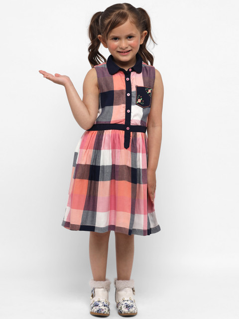 

Nauti Nati Girls Peach-Coloured & Navy Checked Fit & Flare Dress