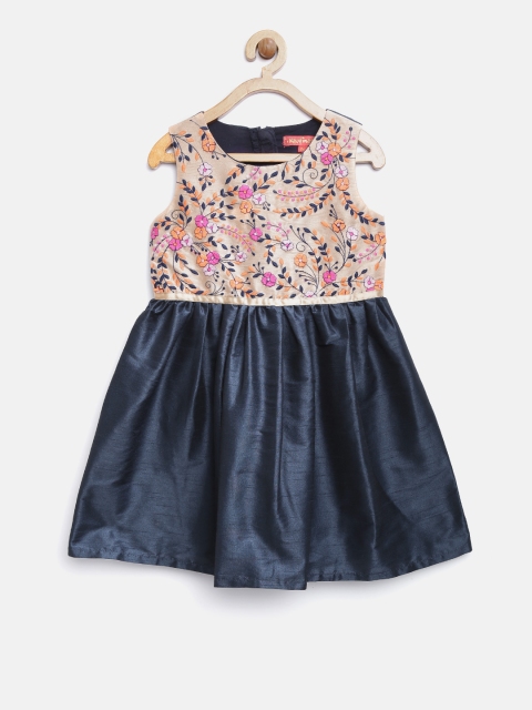 

Nauti Nati Girls Navy & Beige Floral Embroidered Fit & Flare Dress, Navy blue