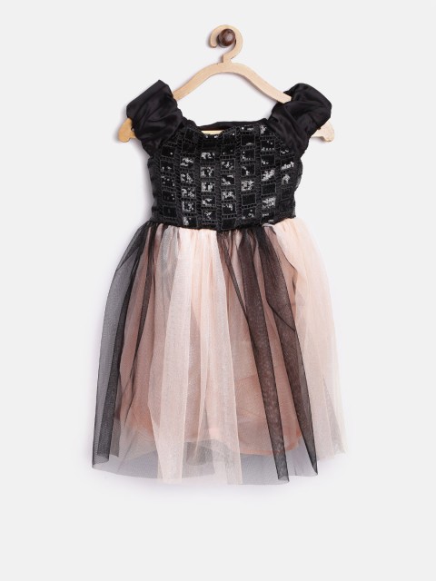 

Nauti Nati Girls Peach-Coloured & Black Net Sequinned Fit & Flare Dress