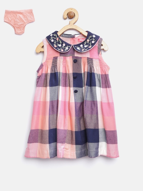 

Nauti Nati Girls Peach-Coloured & Navy Checked A-Line Dress