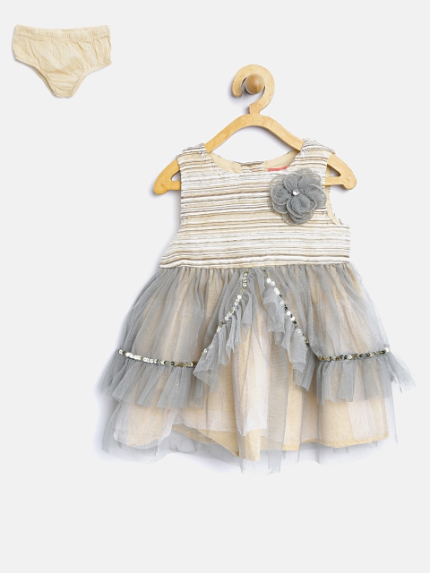 

Nauti Nati Girls Beige & Grey Embellished Net Fit & Flare Dress