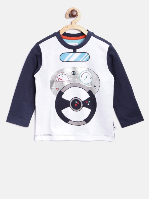 

Nauti Nati Boys White & Navy Printed Round Neck T-shirt