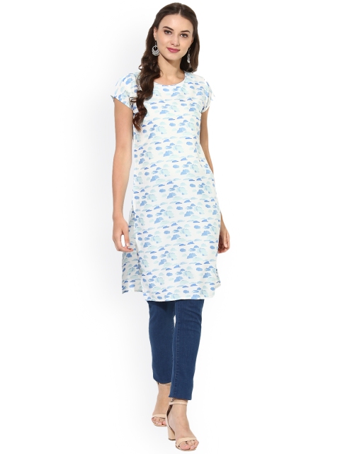 

Vaamsi Women White & Blue Printed Straight Kurta
