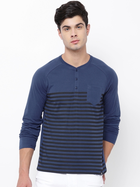 

LOCOMOTIVE Men Blue Striped Henley Neck T-shirt