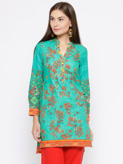 

Biba Women Green & Orange Printed Straight Kurta