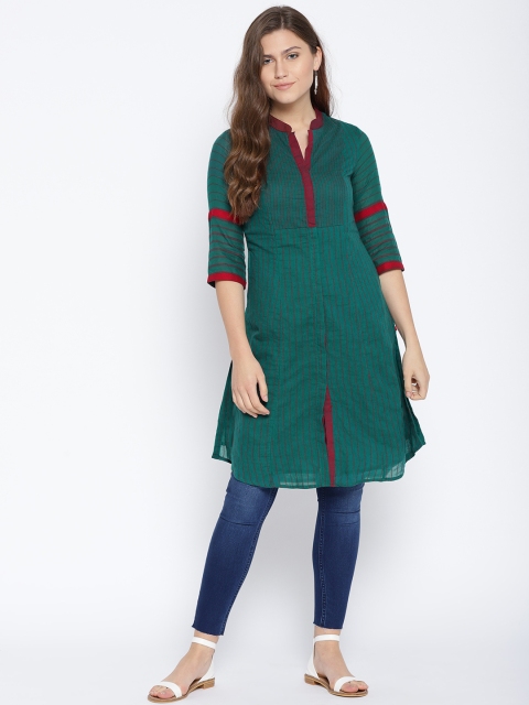 

Biba Women Green Striped Straight Kurta