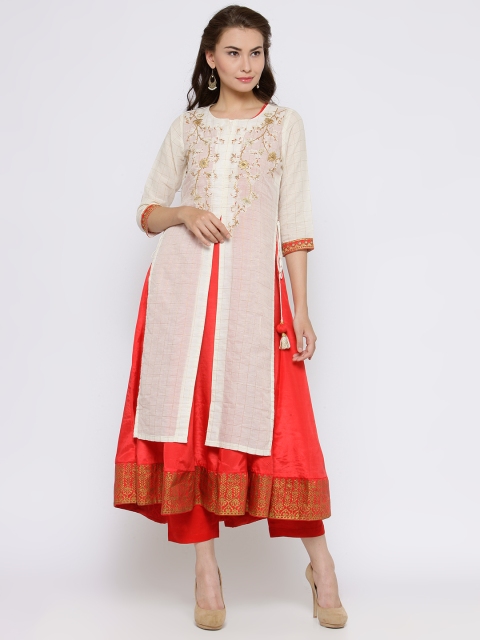 

Biba Women Off-White & Red Checked A-Line Kurta, Na