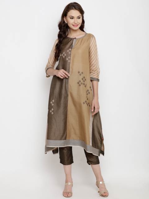 

Biba Women Olive Green & Beige Woven Design A-Line Asymmetric Kurta, Na