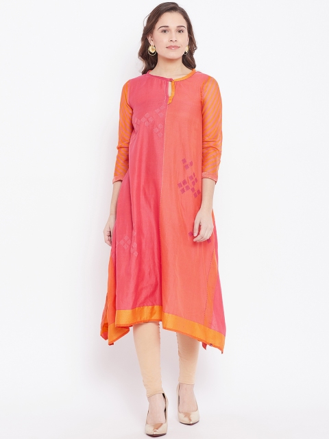 

Biba Women Orange & Pink Embroidered Asymmetrical Hem A-Line Kurta