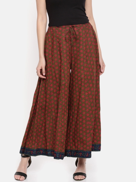

Biba Women Olive Green & Red Printed Flared Palazzos