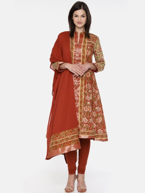 

Biba Women Rust Orange & Cream-Coloured Printed Kurta with Churidar & Dupatta