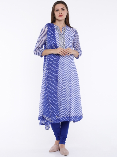 

Biba Women Blue Printed Kurta With Churidar And Dupatta