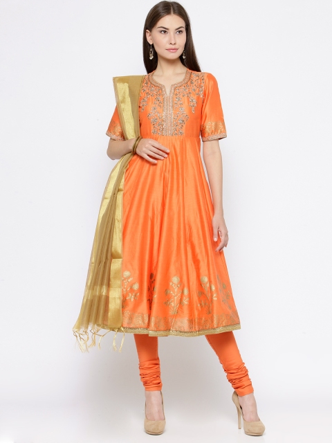 

Biba Women Orange Embroidered Kurta with Churidar & Dupatta