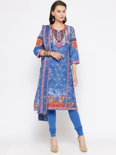 

Biba Women Blue Printed Kurta with Churidar & Dupatta