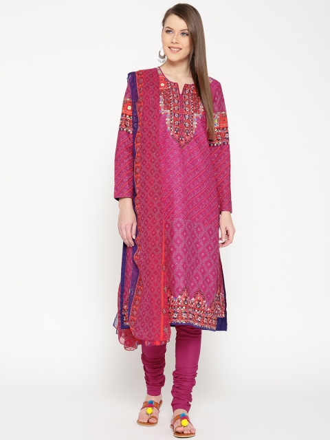 

Biba Women Pink Printed Kurta with Churidar & Dupatta