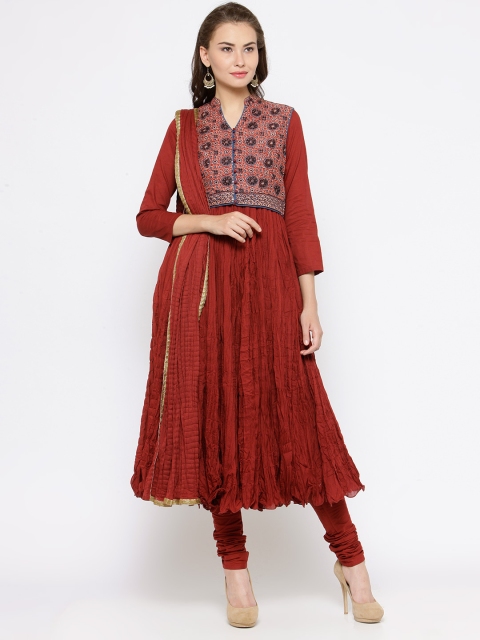 

Biba Women Maroon Solid Kurta with Churidar & Dupatta