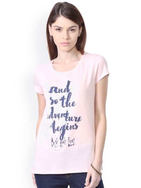 

People Women Pink Printed Round Neck T-shirt