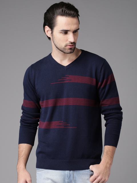 

HERE&NOW Men Navy Blue & Red Striped Pullover