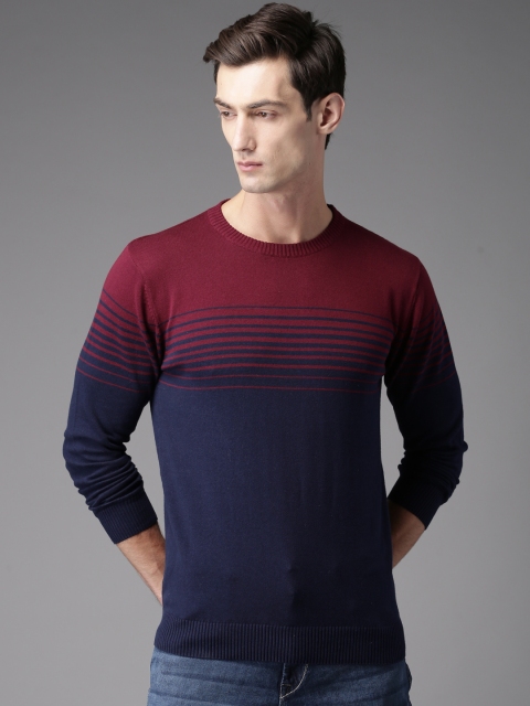 

HERE&NOW Men Maroon & Navy Blue Striped Pullover