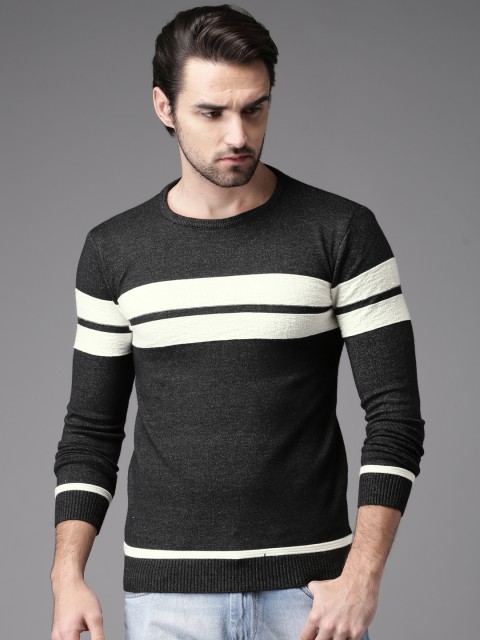 

HERE&NOW Men Navy Blue Striped Pullover Sweater, Black
