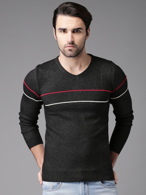 

HERE&NOW Men Black Self-Design Pullover Sweater