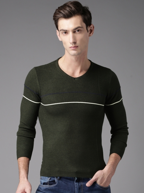 

HERE&NOW Men Navy Blue Striped Pullover, Olive