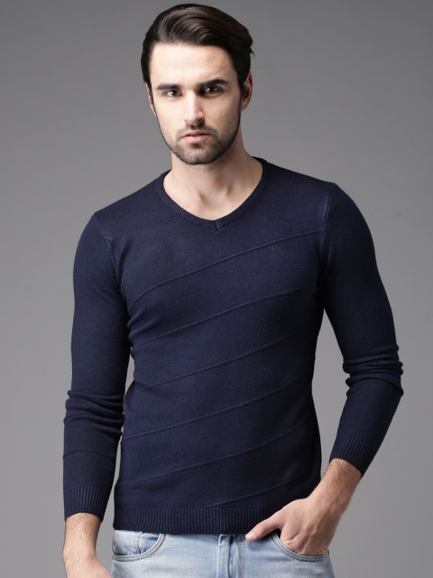

HERE&NOW Men Navy Blue Self-Striped Pullover Sweater