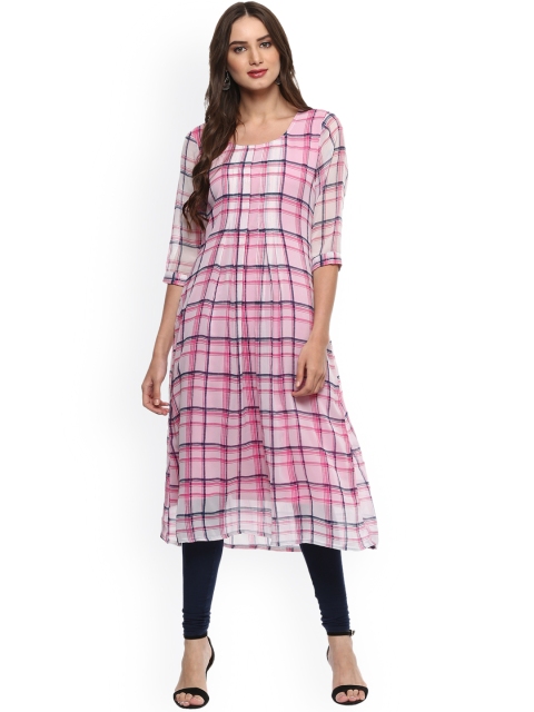 

La Firangi Women Pink Pleated Checked A-Line Kurta