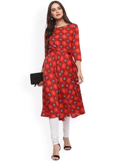 

La Firangi Women Red Checked Anarkali Kurta