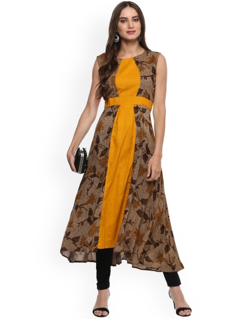 

La Firangi Women Brown Panelled Floral Print Anarkali Kurta