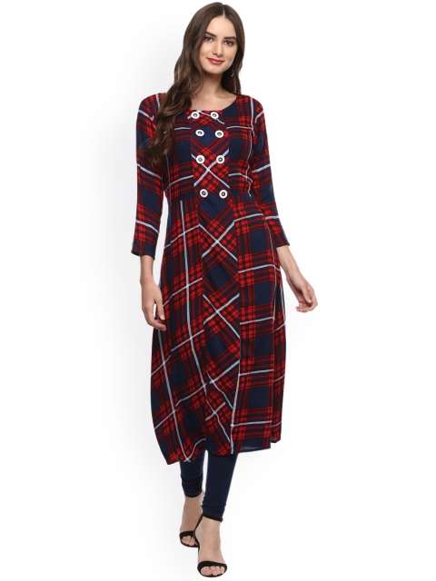 

La Firangi Women Red & Navy Blue Checked A-Line Kurta
