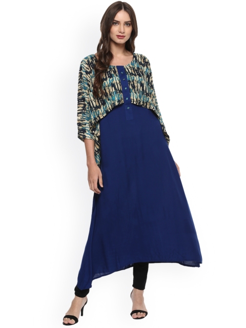 

La Firangi Women Blue Printed A-Line Kurta with Layered Shrug-Like Detail