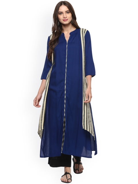 

La Firangi Women Blue Solid Kurta with Layered Striped Shrug-Like Detail