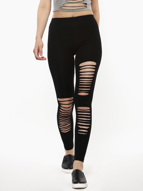 

SASSAFRAS Women Black Ribbed Ankle-Length Leggings
