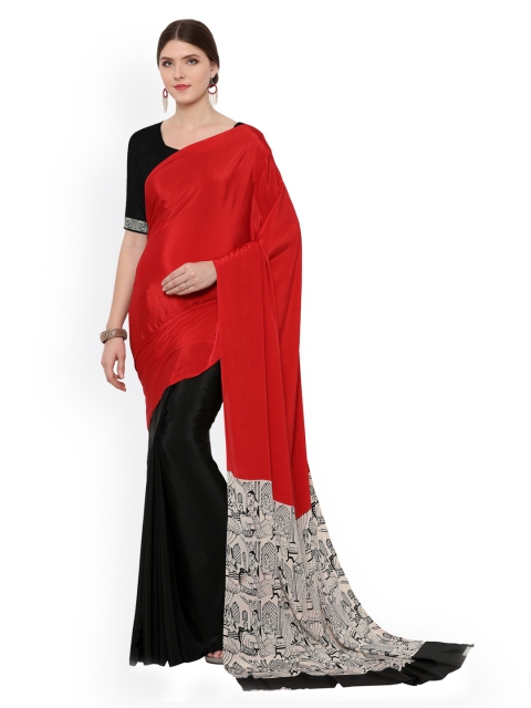 

Ligalz Red & Black Poly Crepe Colourblocked Saree