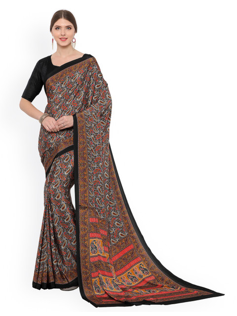 

Ligalz Grey & Orange Poly Crepe Printed Saree