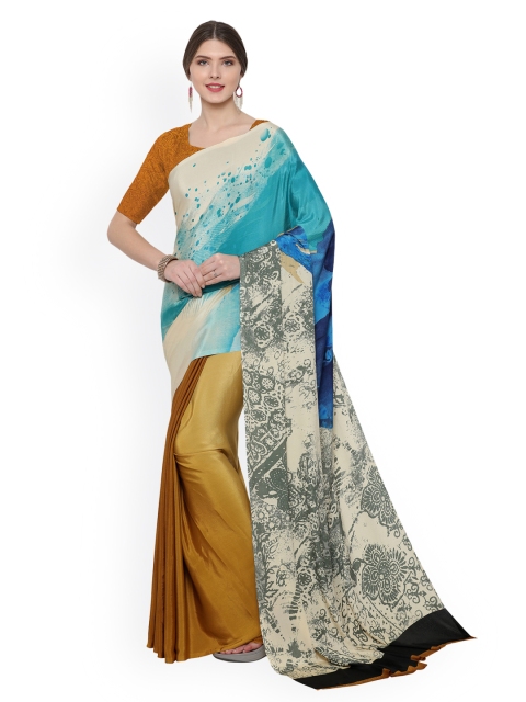 

Ligalz Beige & Mustard Yellow Poly Crepe Printed Saree