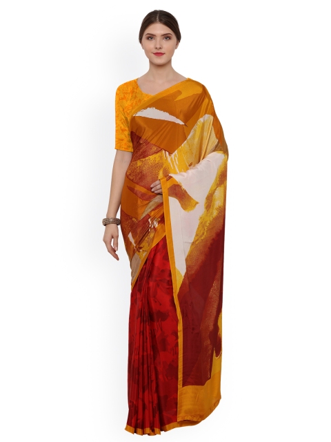 

Ligalz Orange & Red Poly Crepe Printed Saree