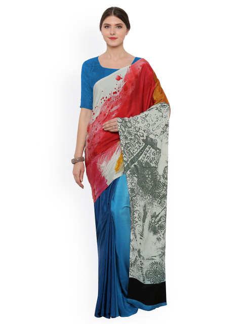 

Ligalz Blue & Red Poly Crepe Printed Saree