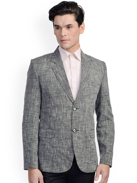 

Wintage Grey & Black Self-Designed Linen Single-Breasted Tailored Fit Blazer