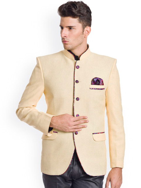 

Wintage Cream-Coloured Single-Breasted Tailored Fit Ethnic Bandhgala Blazer, Beige