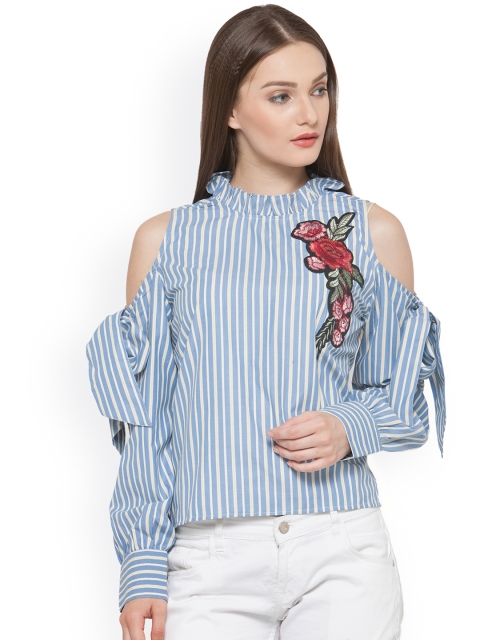 

Envy Me Women Blue & White Striped Cold Shoulder Top