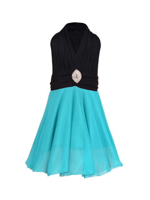 

Aarika Girls Black & Blue Self-Design Colourblocked A-Line Dress