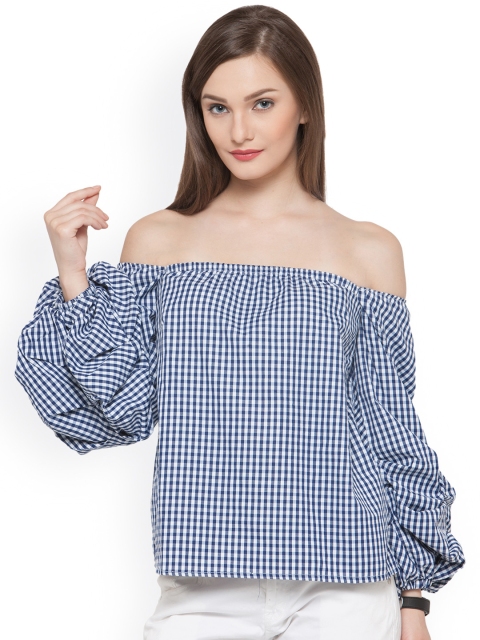 

Envy Me Women Navy & White Checked Bardot Top, Navy blue