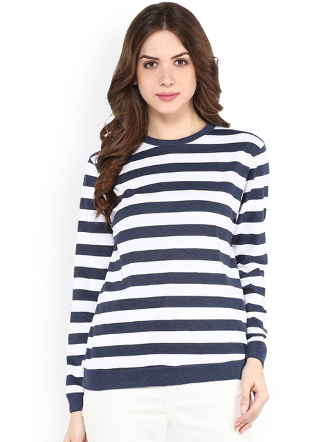 

Pannkh Women Navy Blue & White Striped Sweatshirt