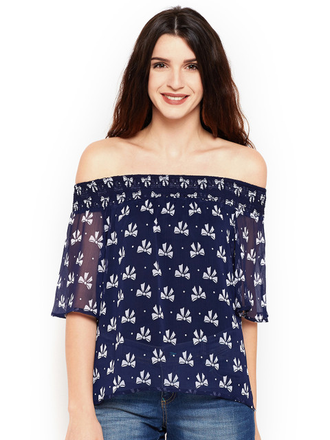 

MAGRE Women Navy Blue Printed Bardot Top