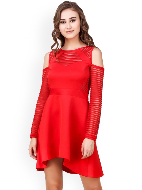 

Texco Women Red Solid Fit & Flare Dress with Lace Detail