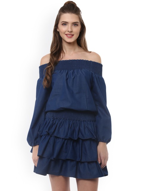 

StyleStone Women Navy Blue Solid Denim Blouson Dress