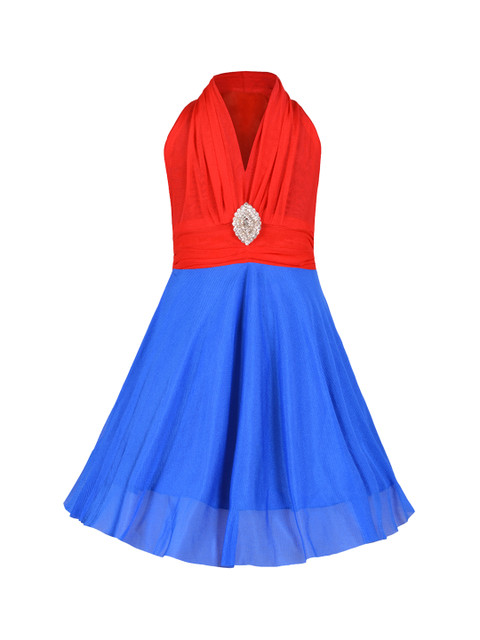 

Aarika Girls Blue Self-Design Colourblocked Fit & Flare Dress