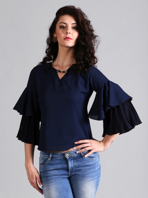 

Noi Women Navy Blue Solid Bell Sleeve Top